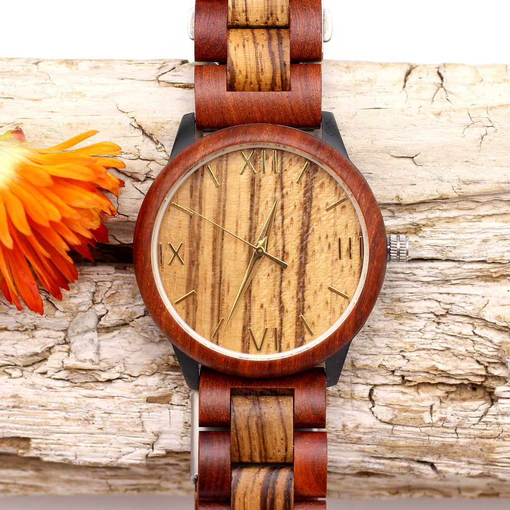 Men's red sandalwood and zebra watch with matching wooden strap, stainless steel case. Engrave your personalised message on the back for R100. Hashtag Bamboo.