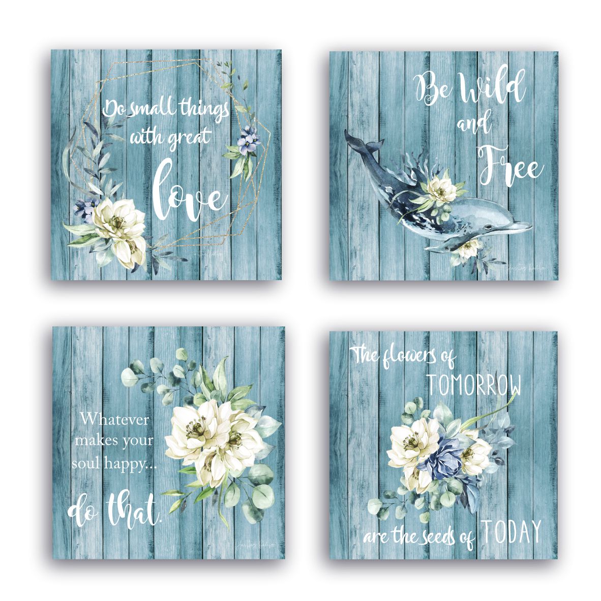 Wall art wooden print, duck-egg blue floral, farmhouse, rustic, shabby chic wooden panel with watercolour design.