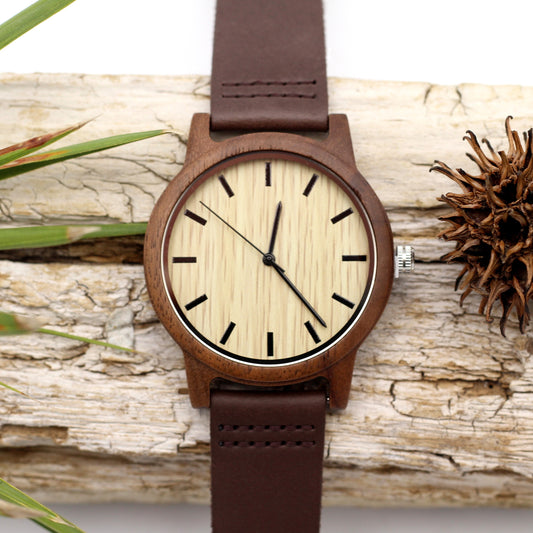 WATSON Men's Walnut Wood Watch with Leather Strap