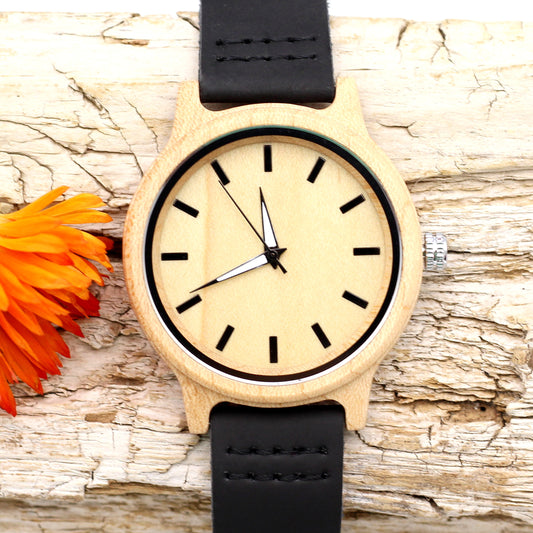 WOODY OKES BLACK: Wooden Watch Bamboo with Black Leather Strap - Hashtag Bamboo