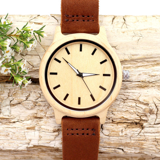 WOODY OKES BROWN: Wooden Watch Bamboo with Tan Leather Strap - Hashtag Bamboo