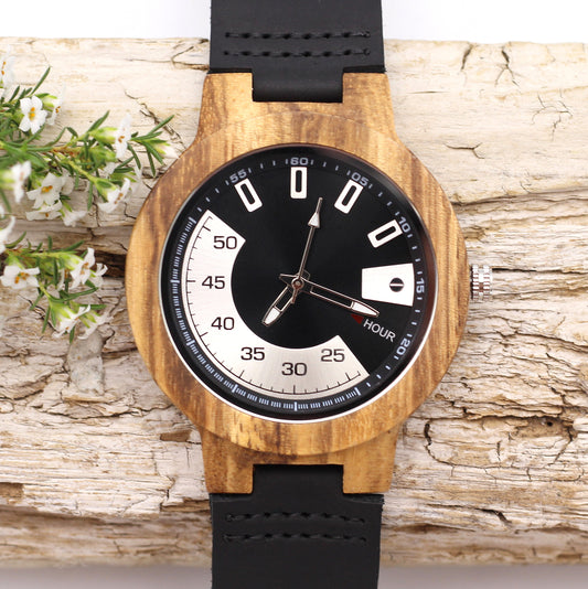 MANLY REV BLACK Wooden Watch Zebrawood with Leather Strap - Hashtag Bamboo