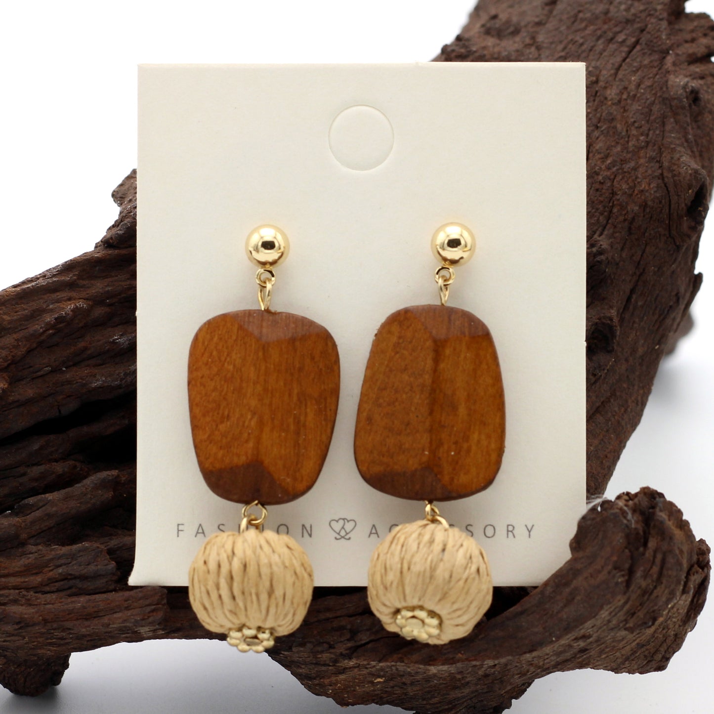 Wood and natural rattan earrings by Hashtag Bamboo