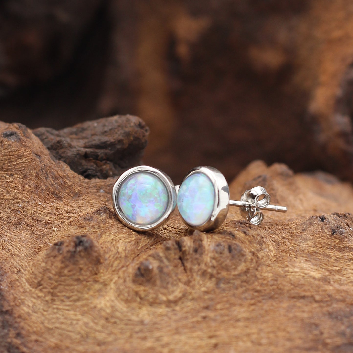 925 Sterling Silver Blue Opal Earrings 8mm