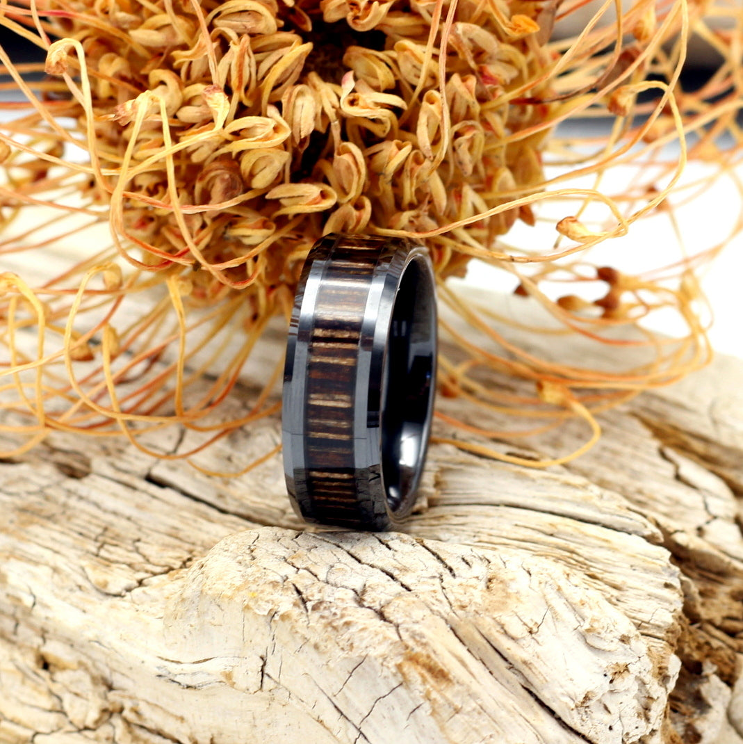 Men's black ceramic ring with zebra wood inlay, 8mm wedding band, shipping only R59 in South Africa. We can personalise your ring with your unique engraving.