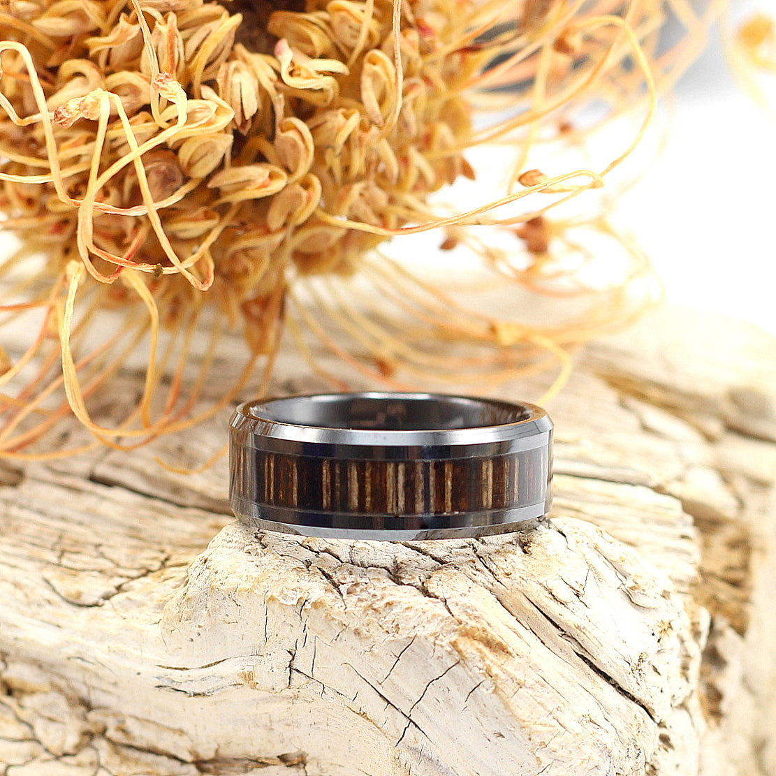 Men's black ceramic ring with zebra wood inlay, 8mm wedding band, shipping only R59 in South Africa. We can personalise your ring with your unique engraving.