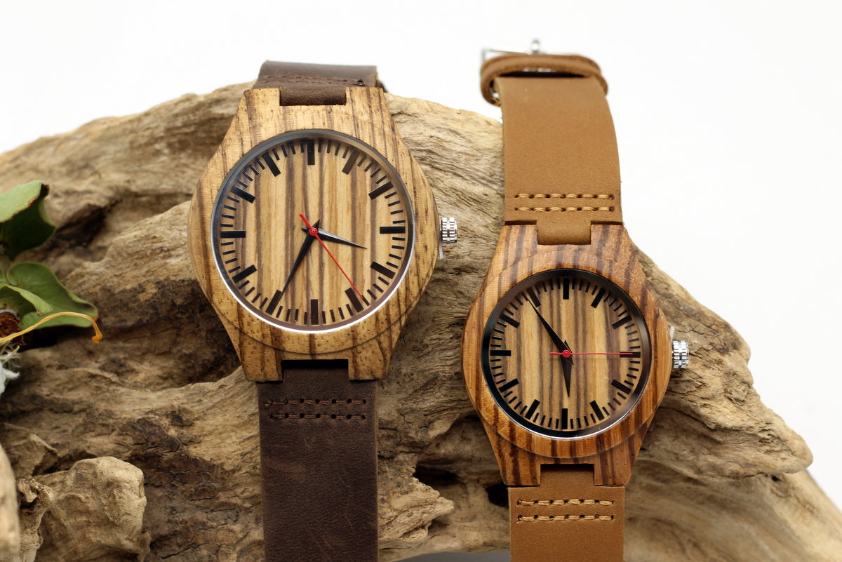 Ladies zebra wooden watch with genuine leather strap. The LADY ZEBRA, also available in a matching men's version. Engrave a message on the back for R100.