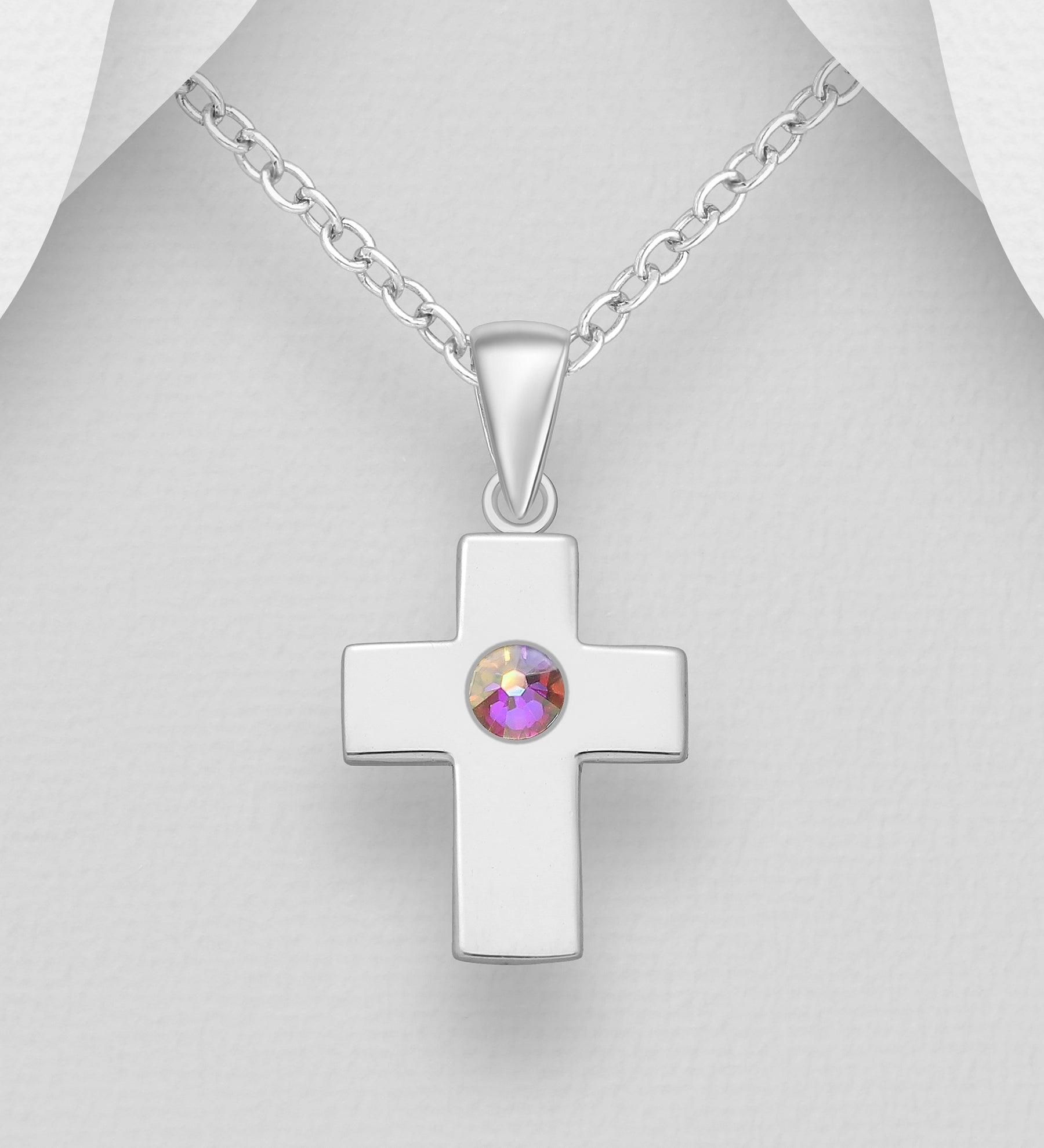 925 Sterling Silver Cross Pendant with Austrian Crystal with Chain - 7 COLOURS - Hashtag Bamboo