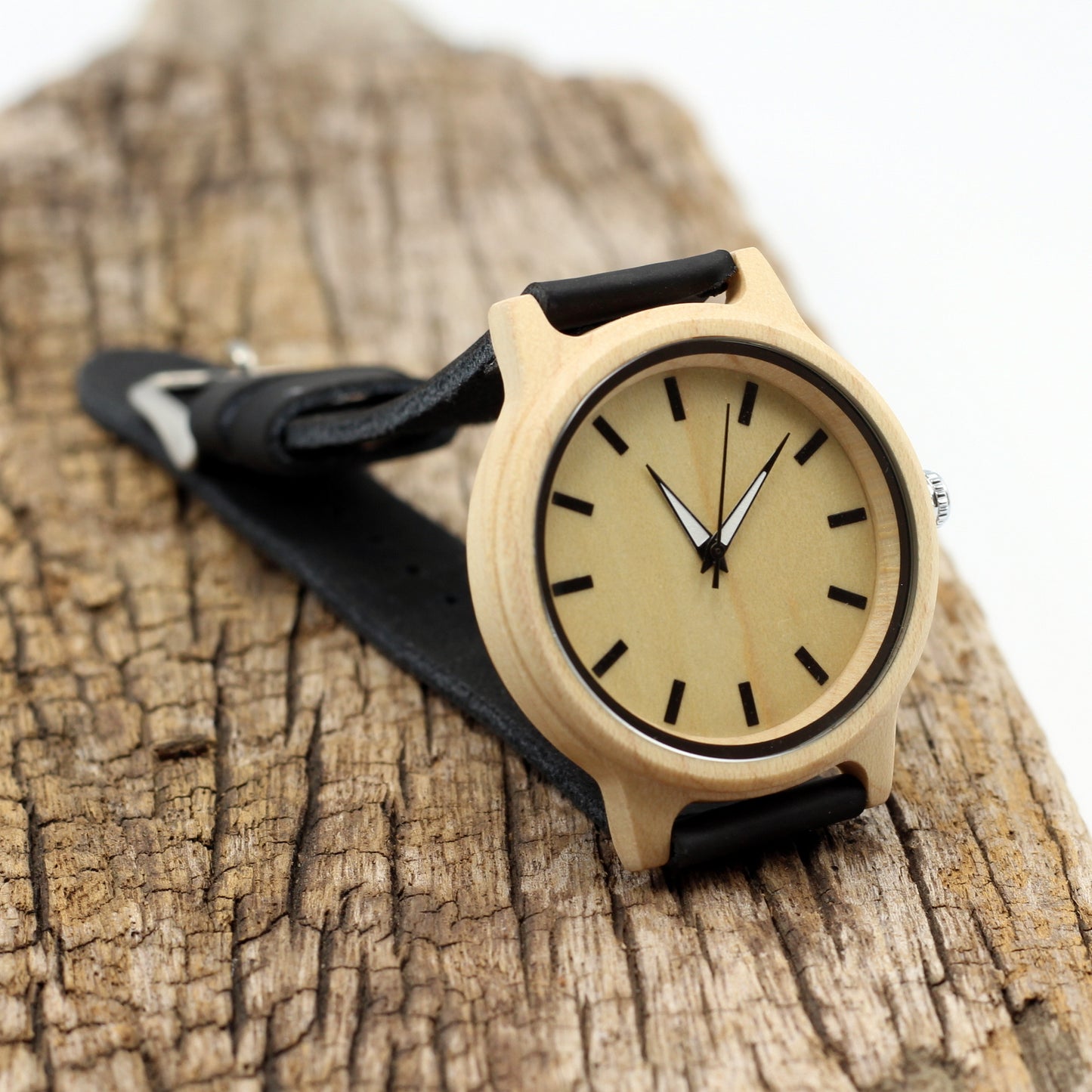Woody Okes wooden watch with black dials and vegetable tanned black leather strap, 40mm. Engrave a message on the back for R100.